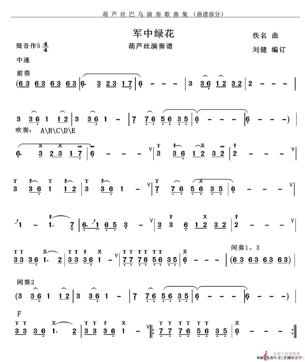 军中绿花简谱（军中绿花歌词简谱）