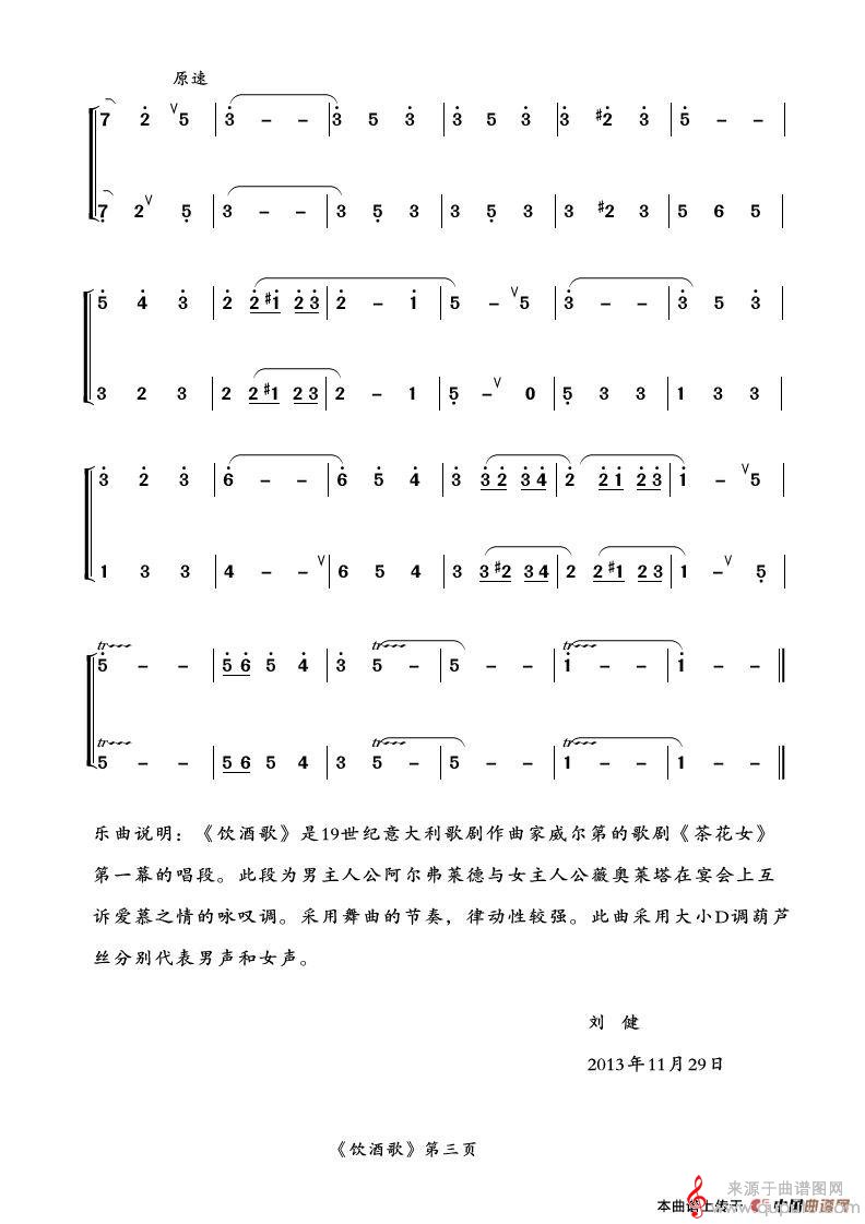 饮酒歌简谱（《茶花女》选段、二重奏）