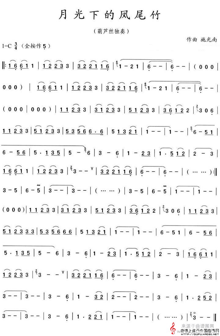 月光下的凤尾竹简谱（月光下的凤尾竹葫芦丝吹奏独奏曲谱）