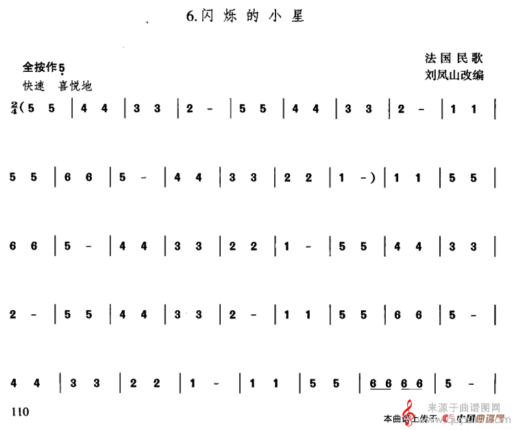 闪烁的小星简谱（法国民歌、刘凤山改编）